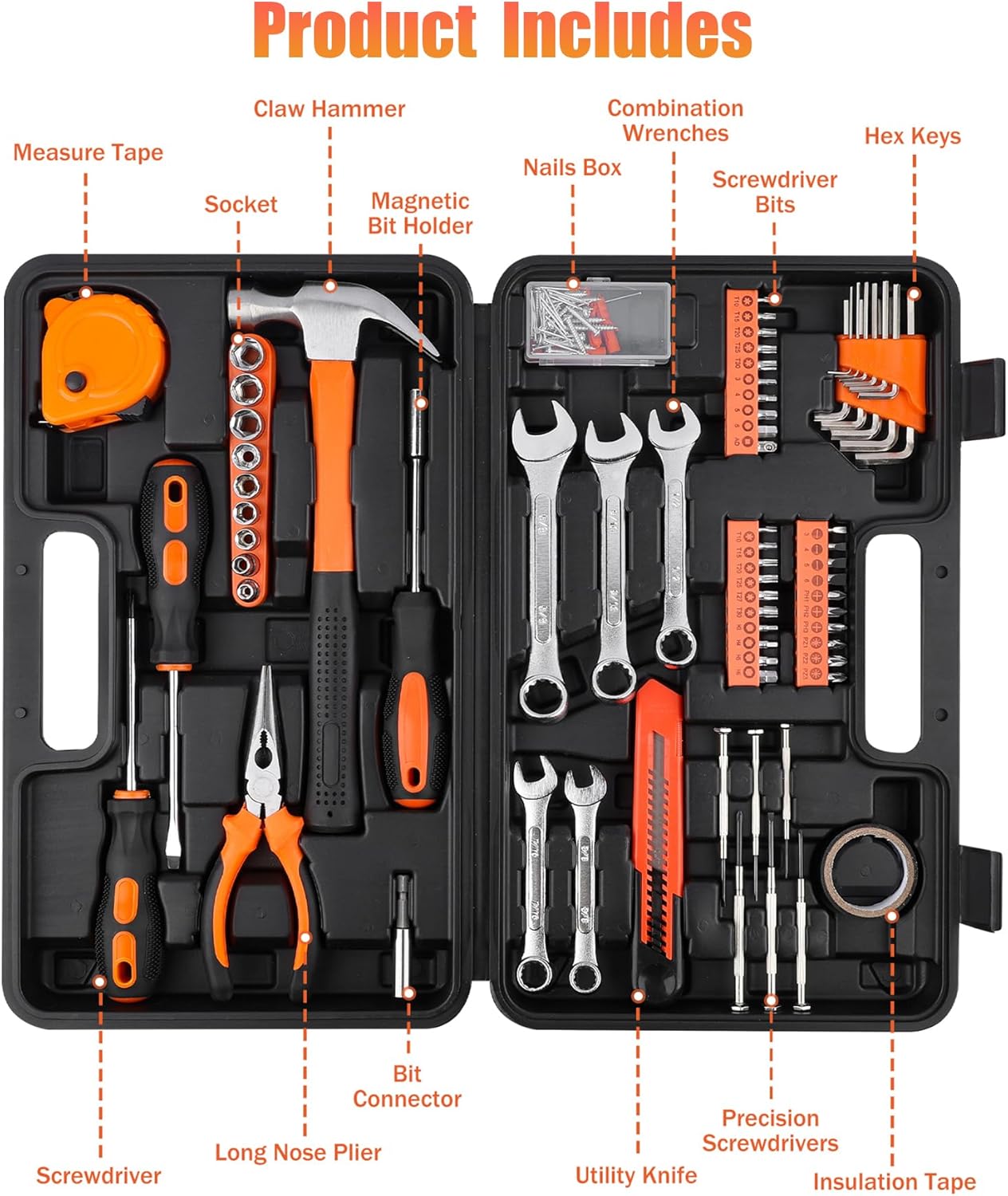 Tool Set, 148 Piece Automotive and Household Tool Set, General Household Hand Tool Set with Storage Toolbox, Perfect for Car Enthusiasts and DIY Home Repairs (Orange)