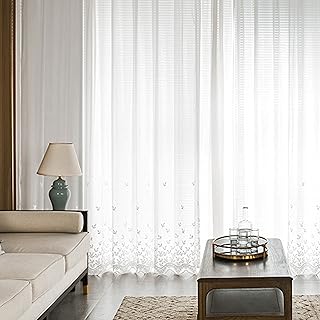 Tende per camera da letto trasparenti in poliestere, Pannelli con occhielli, per sala da pranzo, cucina, soggiorno, camera da letto con ricamo a foglia,140 x 270 cm