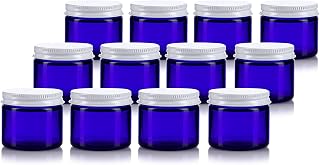 2 oz / 60 ml Cobalt Blue Thick Glass Jar with White Metal Airtight Lid (12 pack)