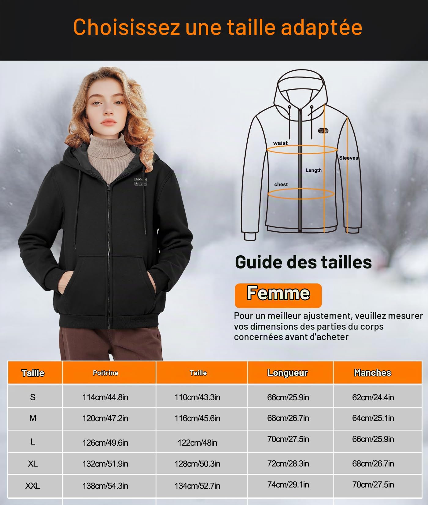 Sweat Chauffant Femme avec Batterie 7,4 V 16000 mAh Manteau Chauffant Femme Pull Chauffant Vetement Chauffant avec 3 Niveaux de Température