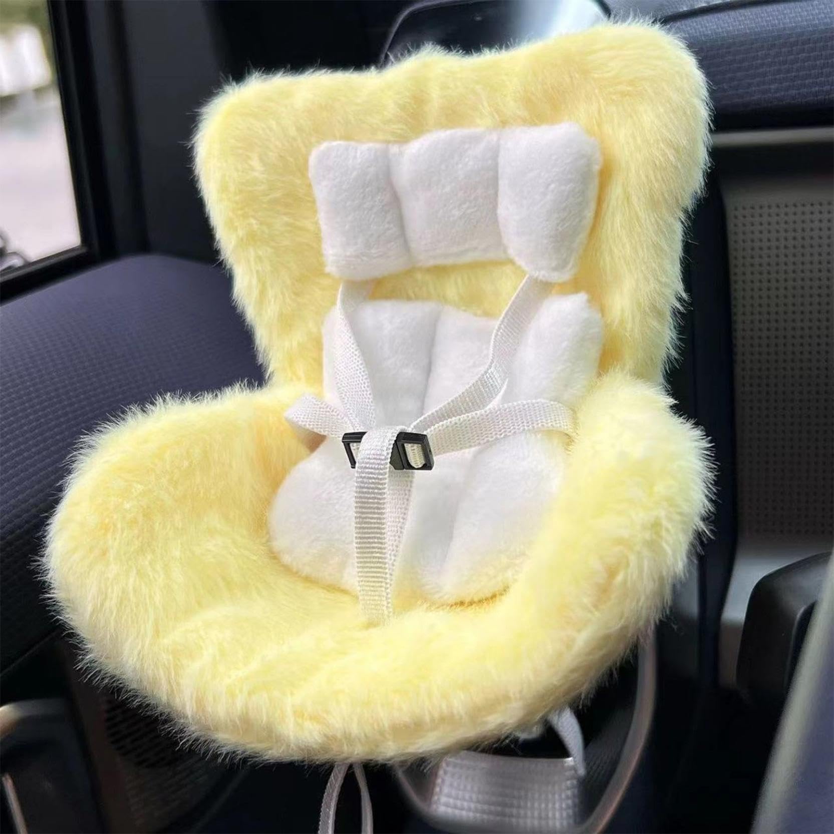 Car Seat with Air Vent Clip and Desktop Stand, Doll Car Seat with Soft Furry Cushion Seat, Cute and Functional Car Ornament for Collectors & Doll Fans (Yellow)