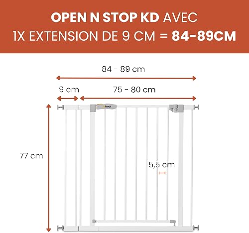 hauck Barriere de Securite Enfant Open N Stop KD avec Extension 9 cm (Largeur 84 à 89 cm), Sans Percage, Fermeture Facile, Ouverture Bilatèrale à 1 Main, Métal - Blanc - 2