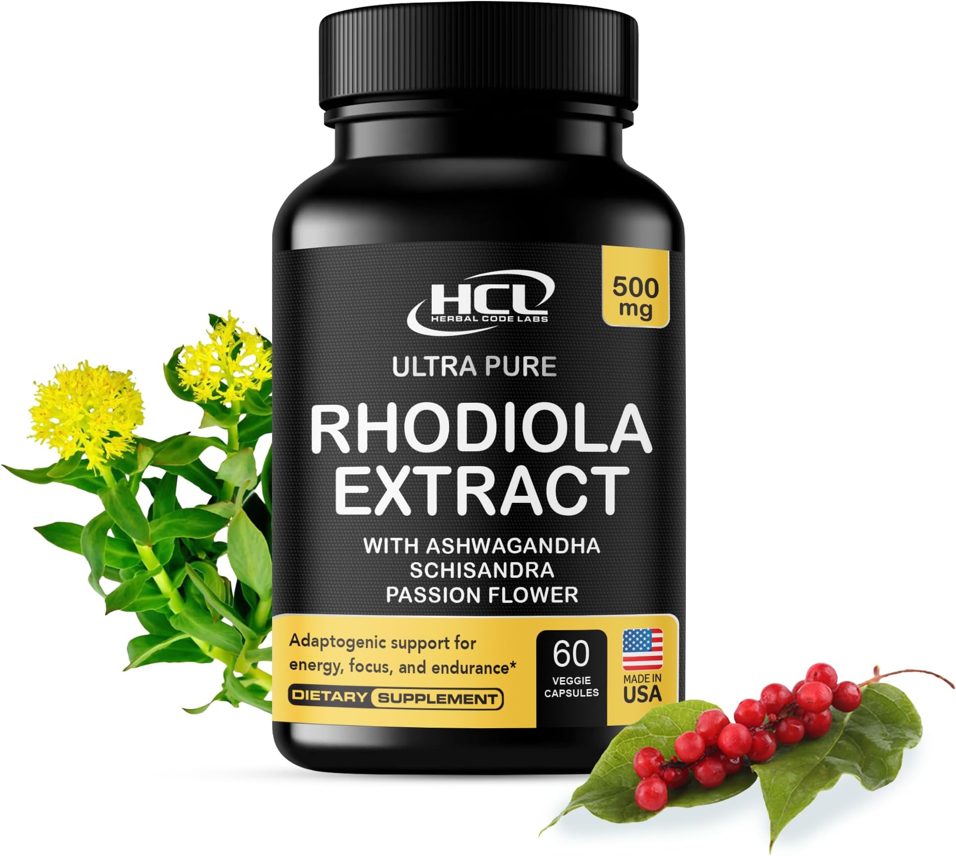 Rhodiola Rosea Supplement High Potency Extract 500mg - 3% Rosavins 1% Salidrosides with Ashwagandha Shisandra Passion Flower Herb Powder Capsules - Natural Way to Relieve Stress - Pills for Energy