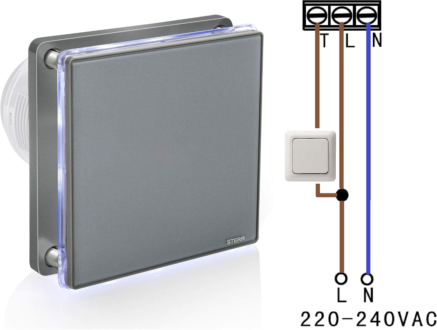 STERR Grey Bathroom Fan 100 mm with LED + Timer - Bathroom Fan - Glass Front - Modern Look - BFS100LT-G - 10 W - Image 5