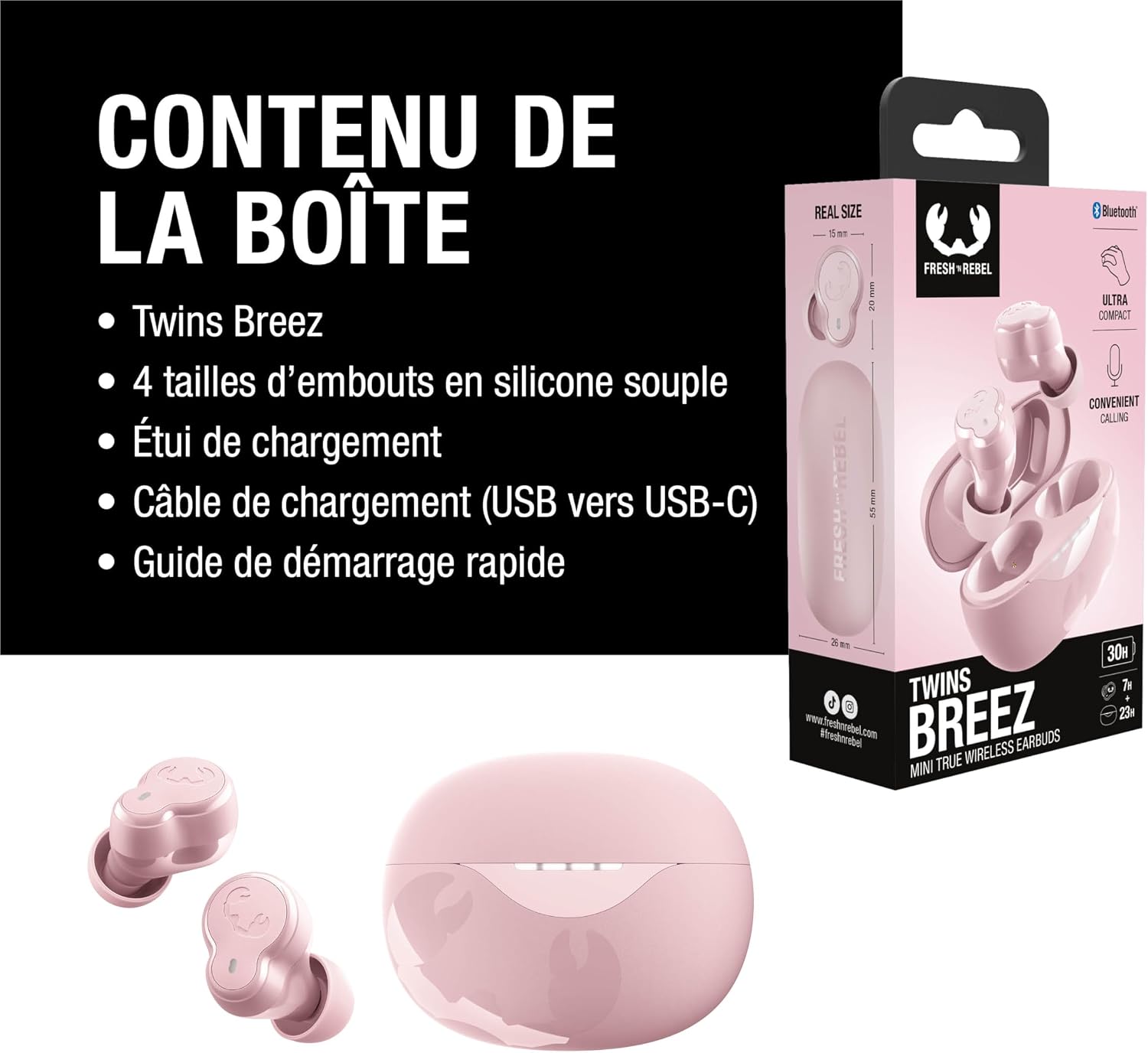 Contents of the Fresh 'n Rebel Twins Breez box including earbuds, charging case, ear tips, and charging cable.