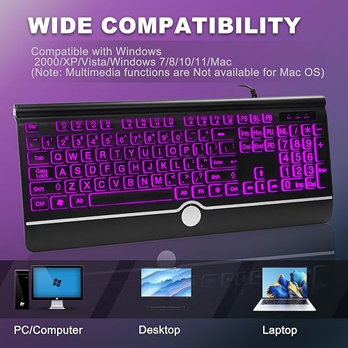 Miniatura 8 de Teclado de computadora retroiluminado de impresión grande, teclado retroiluminado de 7 colores con reposamuñecas, USB Plug-and-Play, teclas de