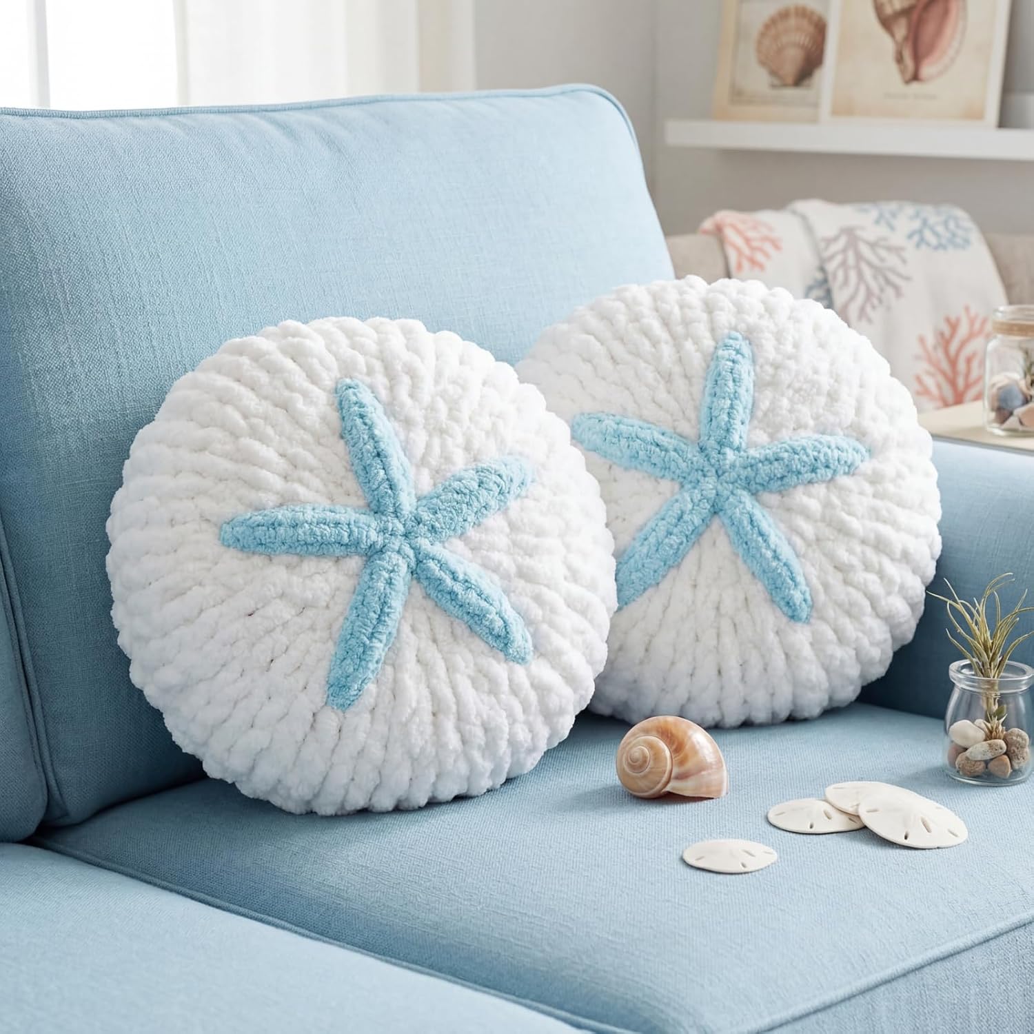 Breling 2 Pcs Hand Crochet Sand Dollar Pillows Knitted Throw Pillows Decorative Pillow Florida Inspired Nautical Gift for Couch Coastal Beach Nursery (Blue)