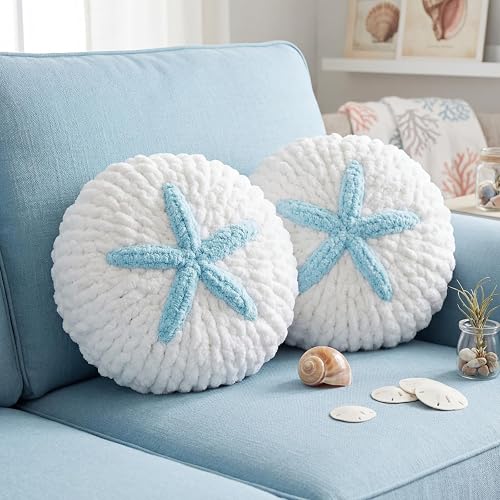 2 Pcs Hand Crochet Sand Dollar Pillows Knitted Throw Pillows
