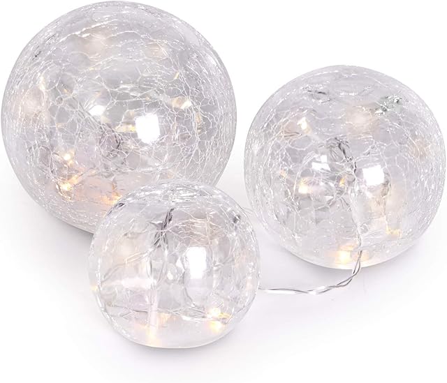 Fairy Light Crackle Glass Orbs - Set of 3 | Fireplace Ornaments | for Living Room and Dining Room | Warm White LED Ball Lights | Battery Powered | M&W