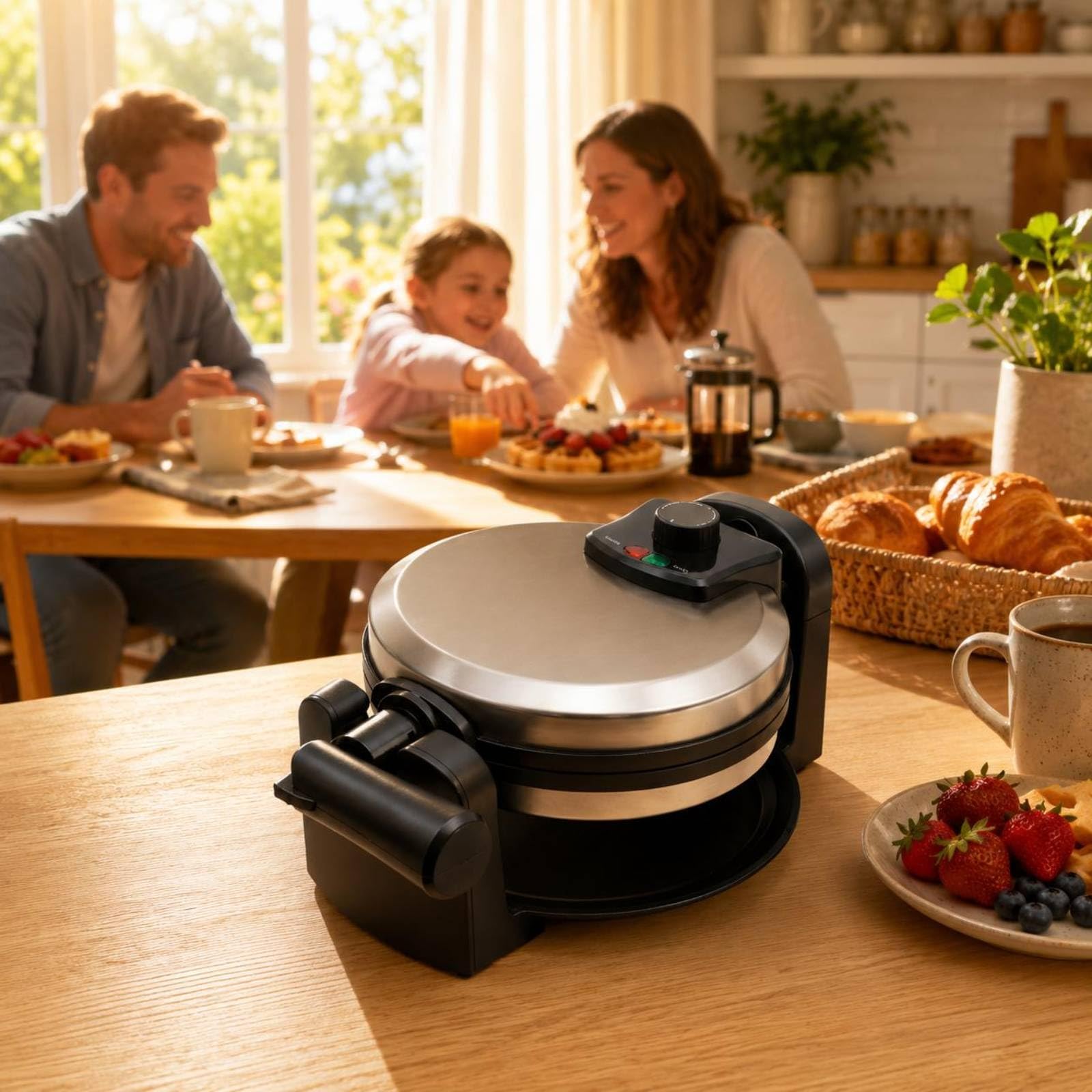 Waflera Eléctrica Redonda para Hogar Máquina de Waffles con Placas Antiadherentes Calefacción de Doble Cara Diseño Giratorio y Control de Temperatura