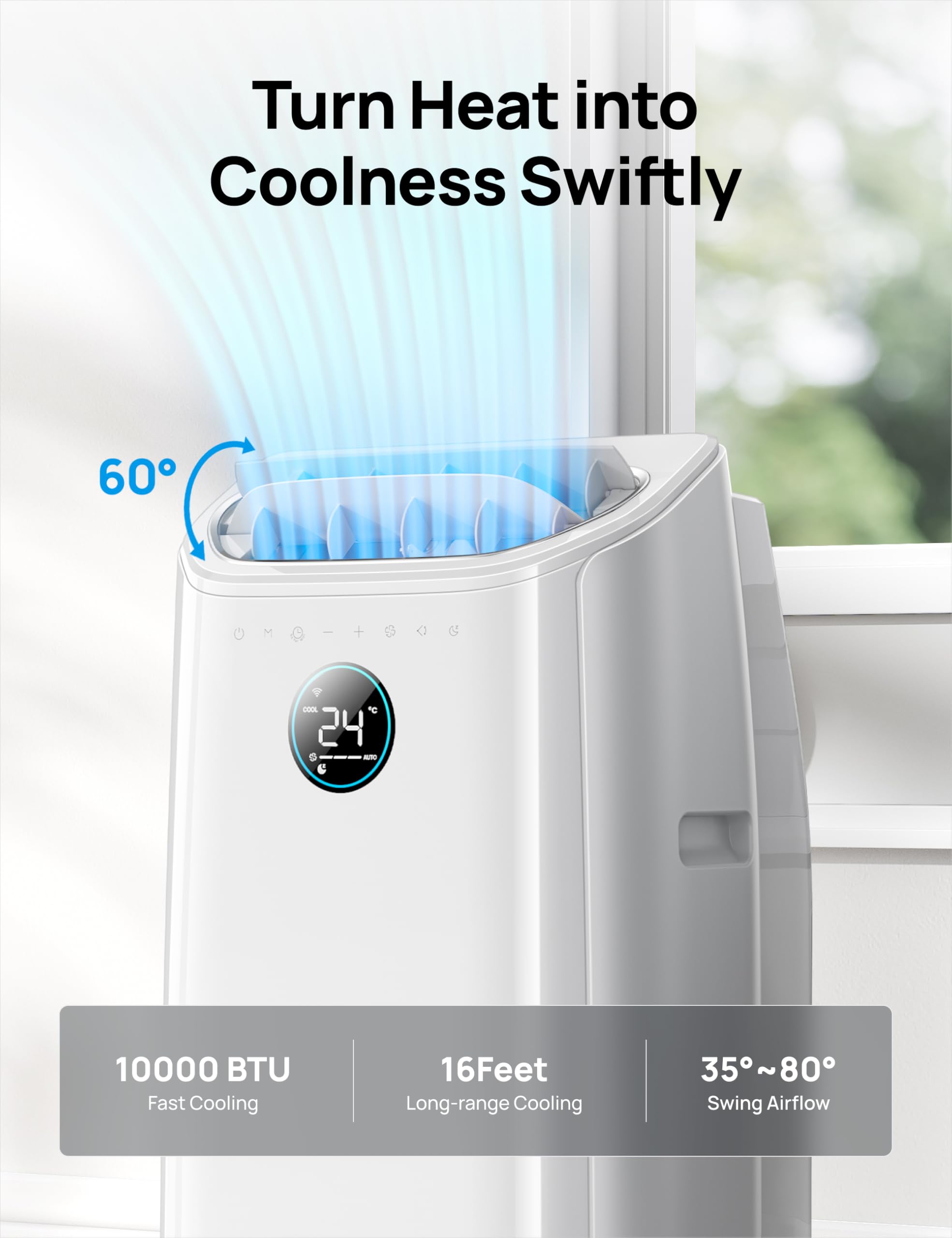 DREO climatiseur portable 10 000 BTU pour chambre, refroidissement efficace sans drainage, silencieux, contrôle par application et vocal, minuterie 24 h, ventilateur et déshumidificateur