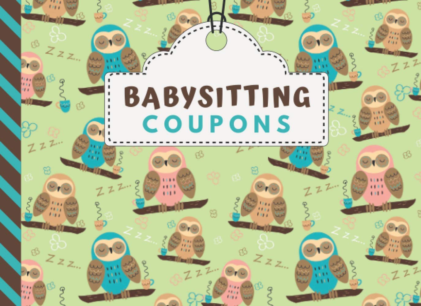 Babysitting Coupons: Sleeping Owl Bird and Coffee Pattern on Green / 50 Vouchers / Gift Book for Grandparents - Grandma - Grandpa - New Mom Baby Shower / Cute Card Alternative