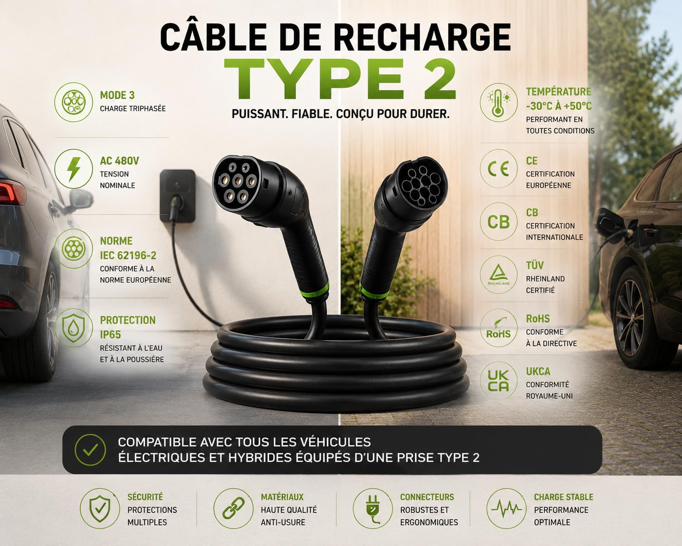 Câble Recharge & Chargeur Voiture Électrique Type 2 Hybride 7-11-22 KW 32A 5M, IP65 TÜV CE, Tesla Model 3/Y, Renault Zoé, Peugeot e-208 - Marque Française