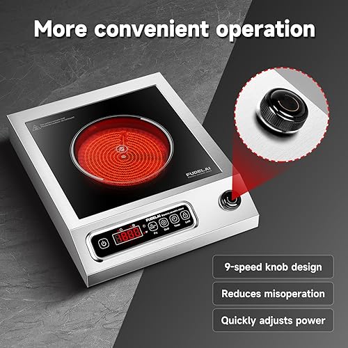 Miniatura 5 de Placa eléctrica de 1800 W con calefacción infrarroja y 9 niveles de potencia, quemador de encimera de grado comercial, estufa de cerámica con