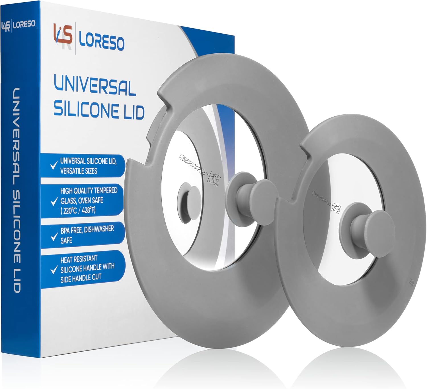 LORESO Silicone Glass Lid for Pots & Pans, Grey Pack of Two - Universal Lid for Pots Pans & Skillet 6 to 11 Inches with Removable Side Handle, Tempered Glass Lid with Side Handle Cut, Food Safe Silicone, Cool Touch Handle and Dishwasher Safe: Home & Kitchen