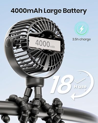 Miniatura 2 de Stroller Fan, 4000mAh Portable Battery Operated Smal Clip on Fan, 4 Speed Rechargeable Mini Personal Cooling, Travel for Baby Car Seat Crib(Black)
