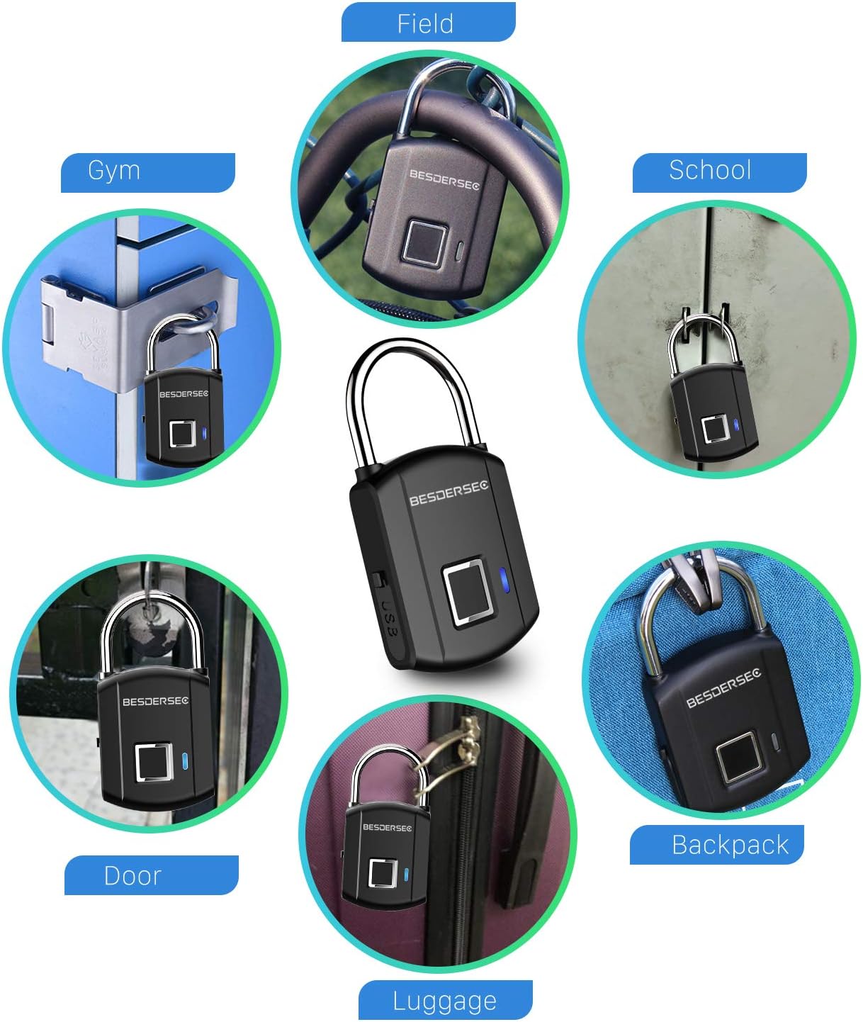 Fingerprint Padlock, Outdoor Smart Biometric Thumbprint Keyless Lock, One Touch Unlock Portable USB Rechargeable Anti Theft School lock, for Gym Suitcase Backpack Luggage Door Office - Elegant Black