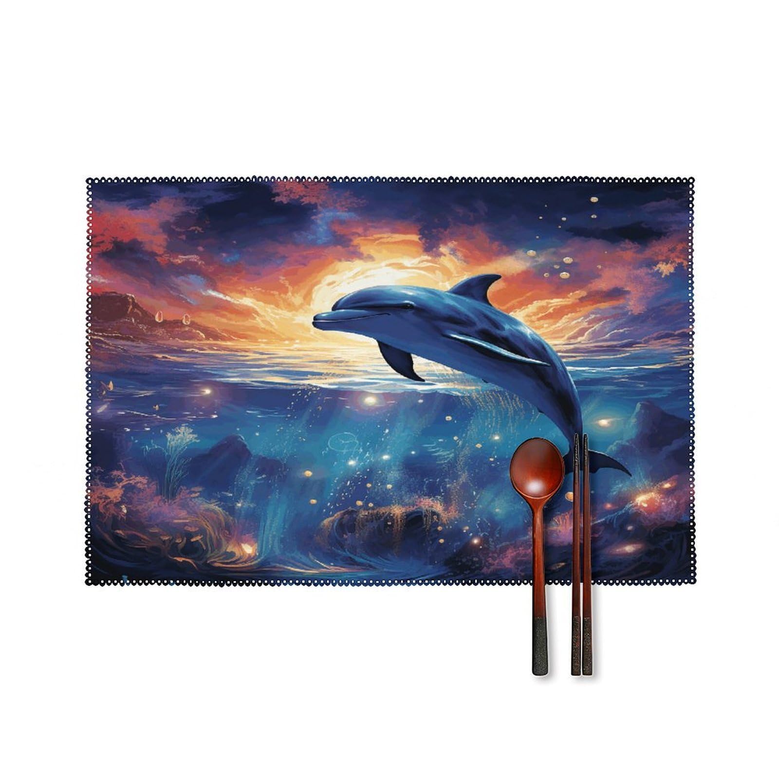 Colorful Starry Sky Ocean Dolphin Placemats Set of 6 Non-Slip Heat Resistant Table Mats Canvas Washable Cloth Place Mats Easy to Clean Premium Placemat for Kitchen Dining Table Decoration
