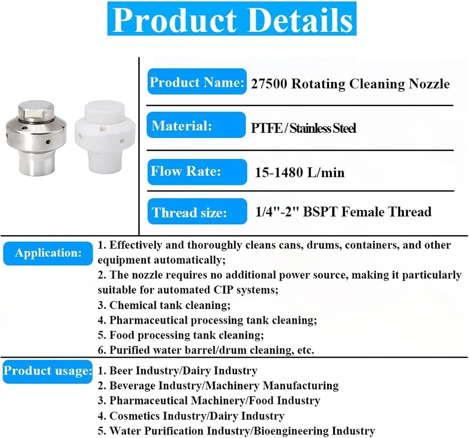 Rotating Cleaning Nozzle SS304 Automatic Rotary 360 Degree PTFE Spray CIP Ball Washing(SS-3I4 inch Female)