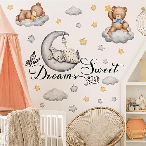 Miniatura 4 de Calcomanía de pared de animales de dibujos animados, oso conejo, estrella, luna, decoración de pared extraíble, decoración mural de arte para niños,