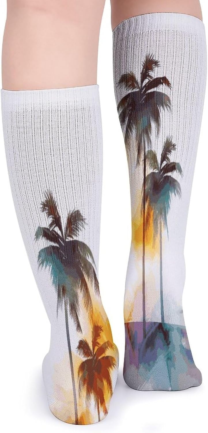Palm Trees Sunset Crew Socks Cozy Casual Calf Socks Lightweight Long Work Sock Breathable Athletic Sock for Hiking Sports Running 5 Pairs