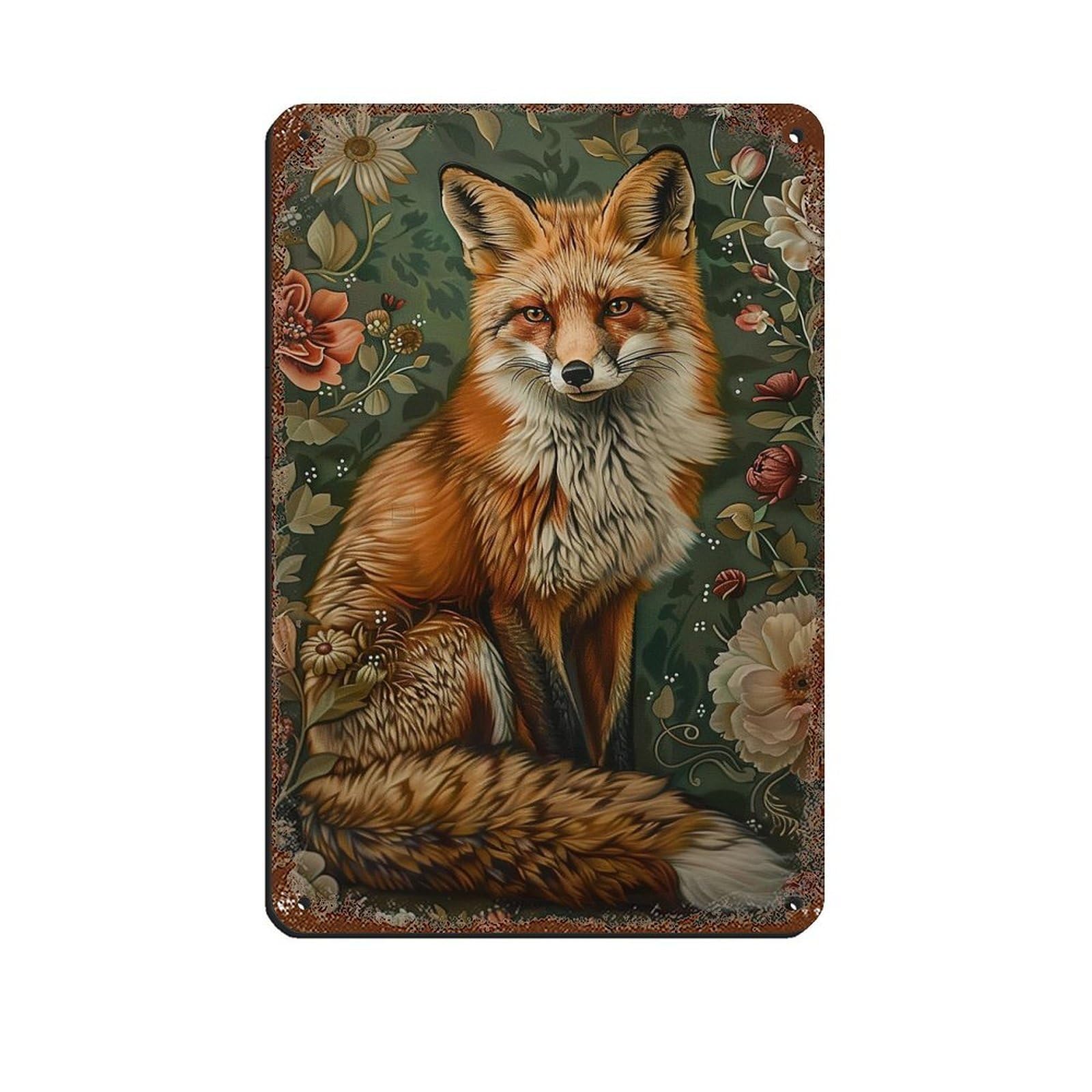 Lxwnze 20L X 30W Cm Cottage Fox And Flowers Painting Poster Tin Sign Vintage Metal Pub Club Cafe Bar Home Wall Art Decoration Poster Retro 8X12inch(20X30cm)