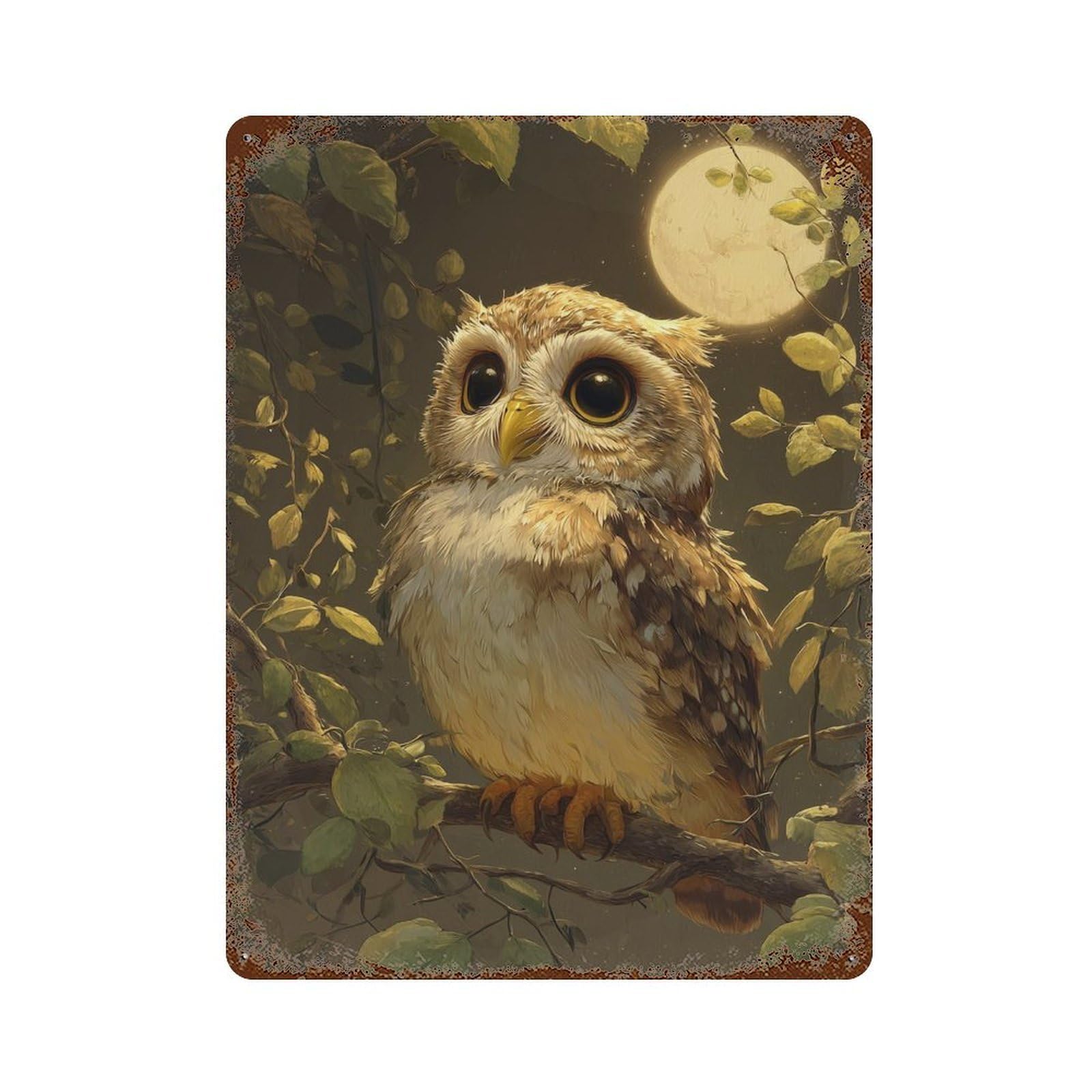 Weathered Tin Sign Moonlit Forest Owl 15.7"x11.8", Rustic Home Decor for Bistro, Counter And Cafe Decor