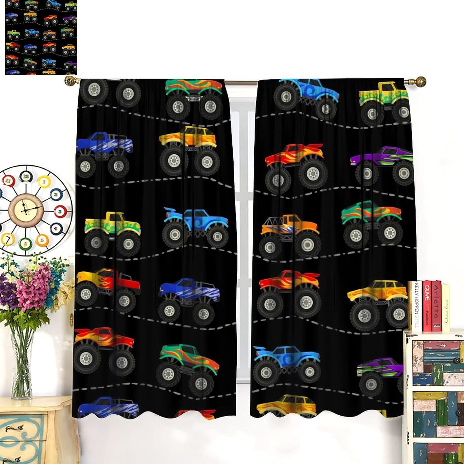 Kids Monster Truck Blackout Curtains - Colorful Rainbow Cartoon Monster Truck Rod Pocket Window Drapes Set Energy Saving Thermal Insulated Drapes for Living Room Nursery,2 Panels 63L x 21W