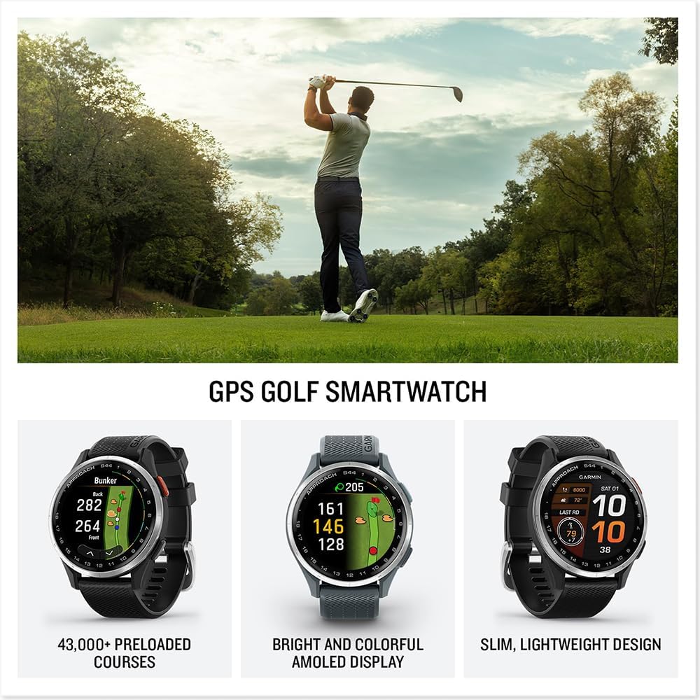 Garmin 010-03009-01 Approach S44 GPS Golf Smartwatch, Silver Aluminum Bezel with Twilight Band Bundle with 3X Silicone Dust Cover, 2X 1.2 Screen Protector and 2 YR CPS Enhanced Protection Pack