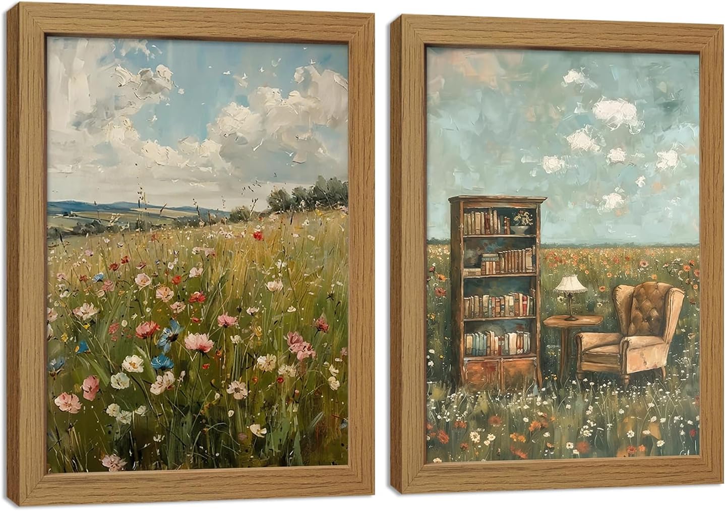 Vintage Flowers Canvas Wall Art Set of 2, Field Book Nook Wildflowers Wall Decor, Country Oil Farmhouse Nature Daisy Prints Pictures for Living Room Library Bedroom Home Decor Gifts 24x16inch Framed