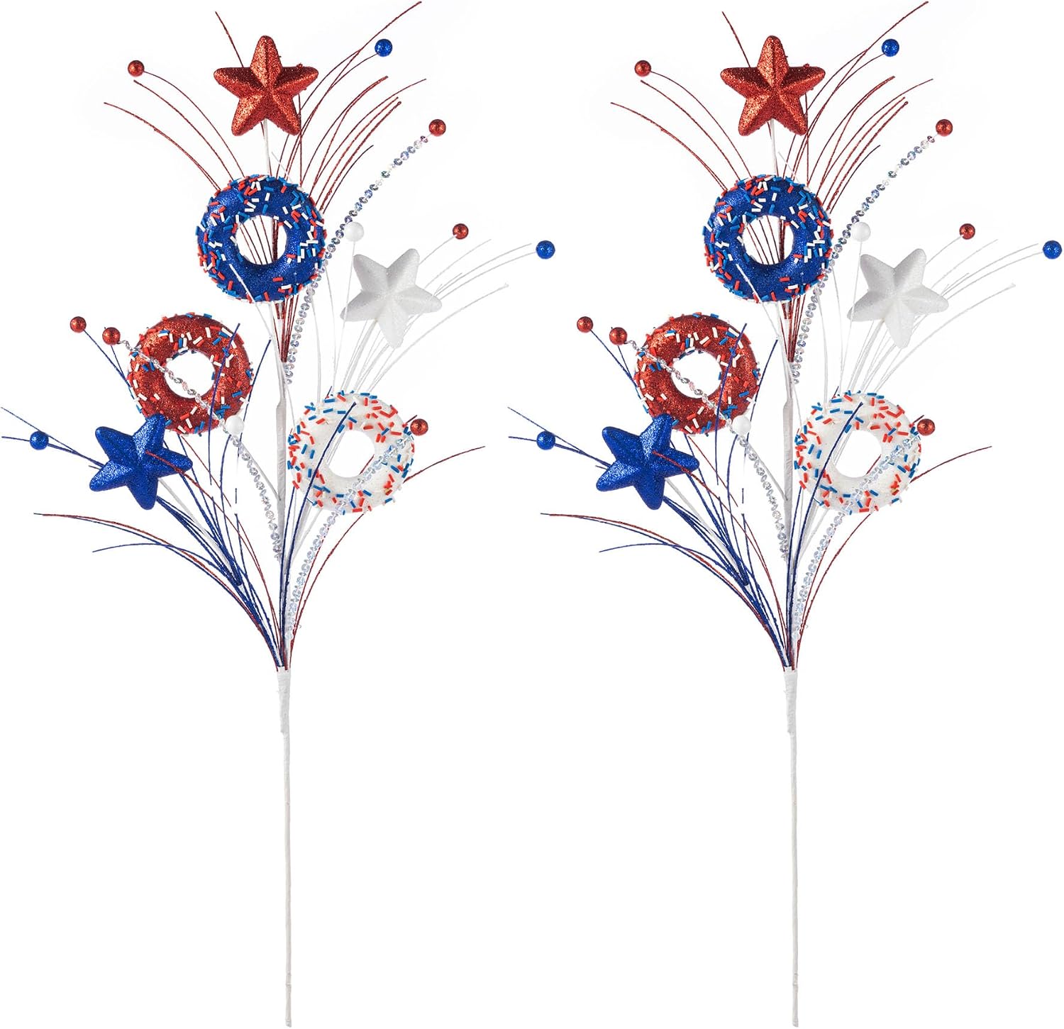 Glitzhome Set of 2 Patriotic Donut Picks, 28" Red White Blue Star Accents for 4th of July & Memorial Day, Fun Vase Filler and Wreath Party Decor