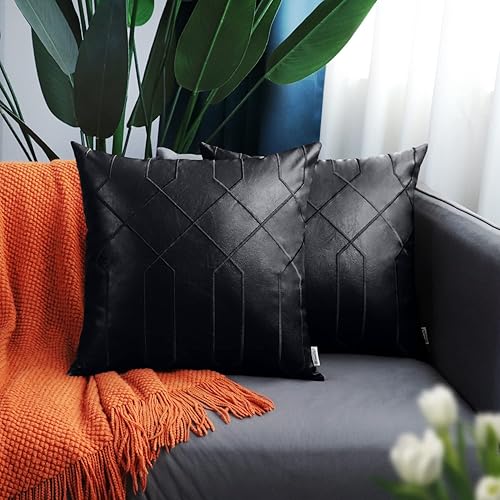 Miniatura 2 de BRAWARM Fundas de almohada de cuero 20 x 20 pulgadas, paquete de 2 fundas de almohada de cuero sintético negro, fundas de almohada decorativas de
