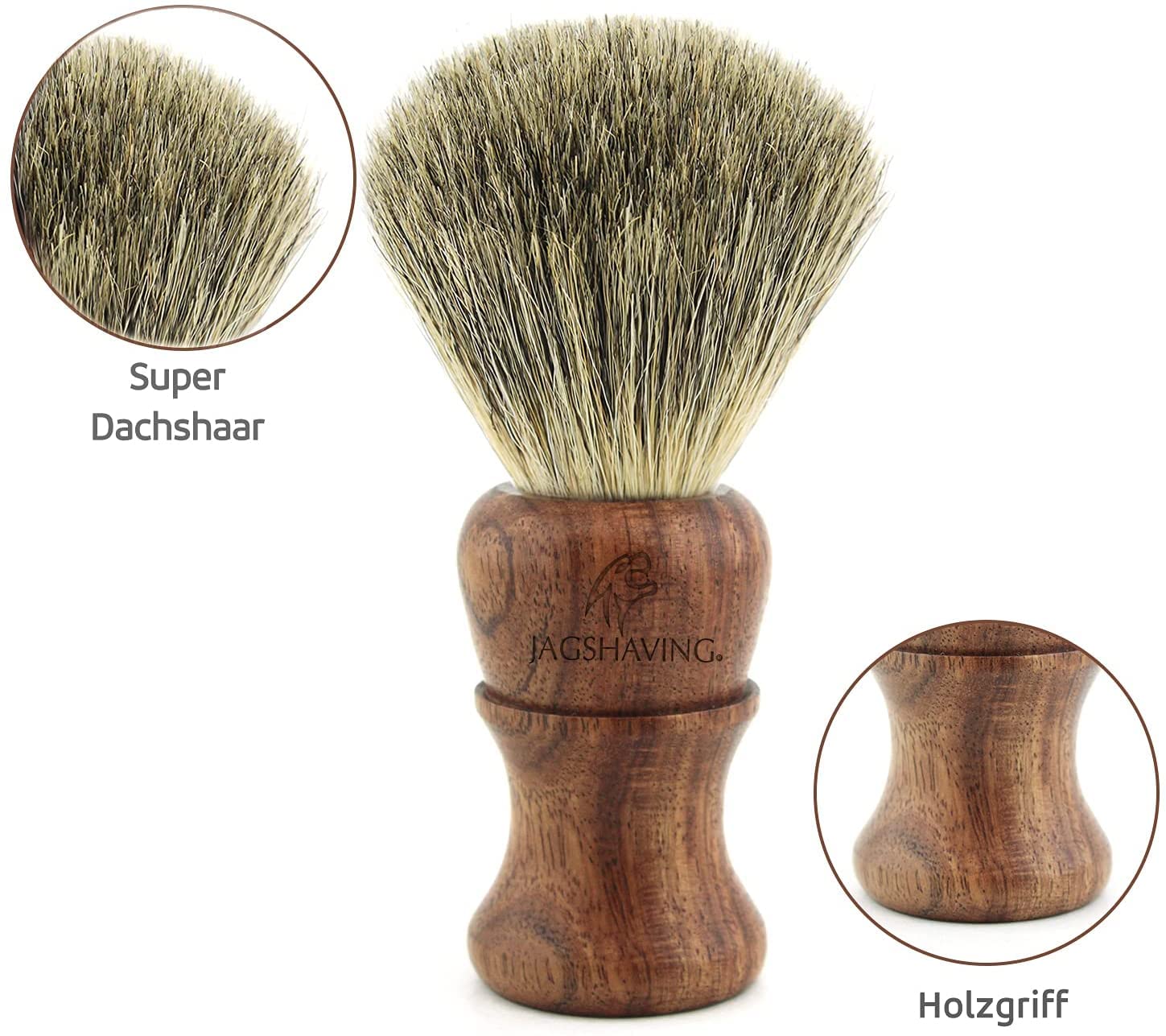 Jag Shaving Rasierset - Nachhaltige 4-teiliges Rasierset aus Holz - Super Dachshaar Rasierpinsel - 3 Rasierklingen Rasierhobel - Rasierständer - Ledertasche für Rasierhobel