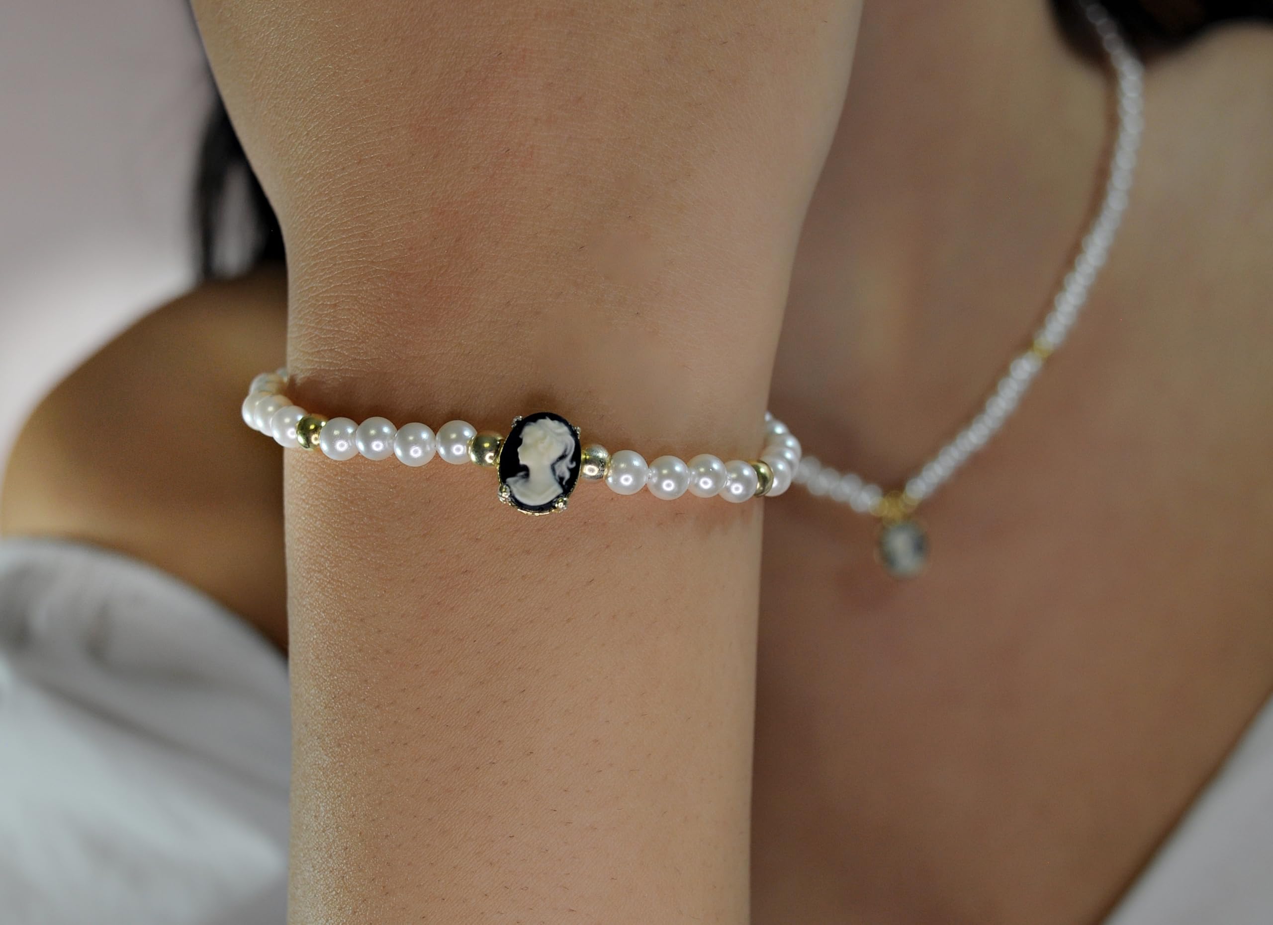LADY MIRAGE - Perlen Schmuckset Damen - Vintage Halskette Damen - Perlmutt Armband - Gemme - Kamee - 925 Sterling Silber Vergoldet - Handgefertigte Geschenk - Schmuck - Weihnachtsgeschenk