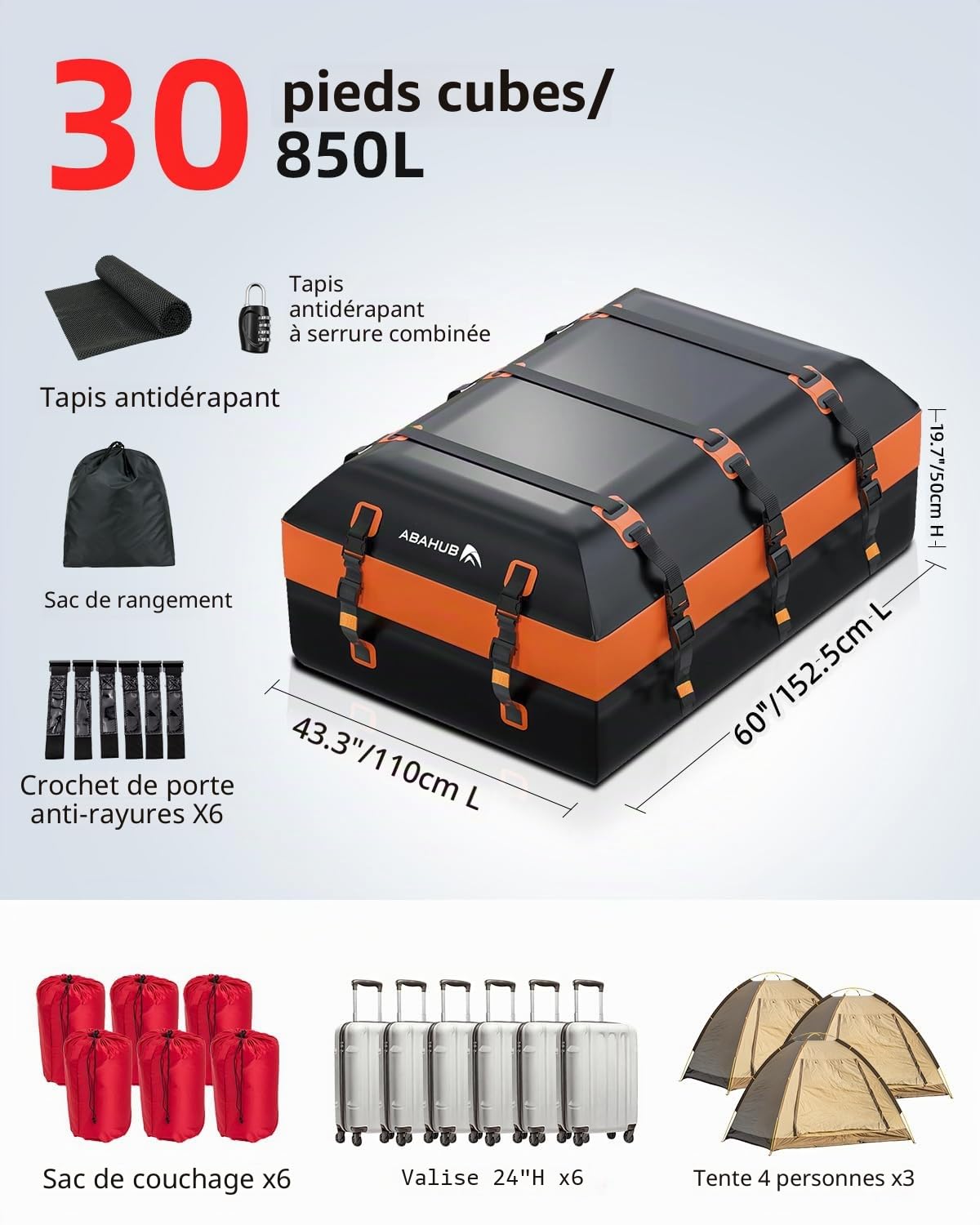 Abahub 850L Coffre de Toit Pliable, Design Étanche Matériau 840D, Universel pour Tous Les Modèles avec/sans Porte-Bagages, avec Crochets de Portière Base Antidérapante Inclus,Grande Capacité