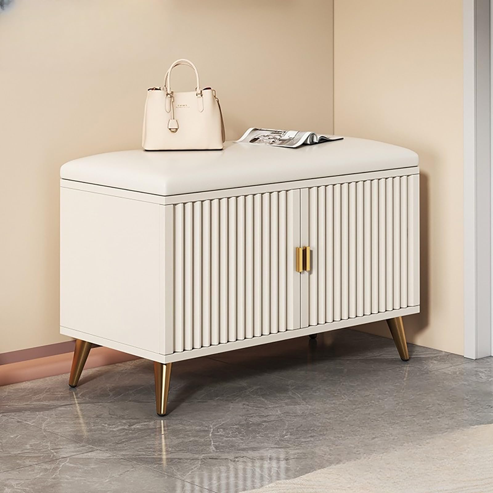 GHFXSCV White Storage Bench with Cushion, 23.6" Shoe Rack Entryway nizer, Wooden Stool for Living Room, Bedroom, Hallway, Multifunctional Footrest and Storage Solution