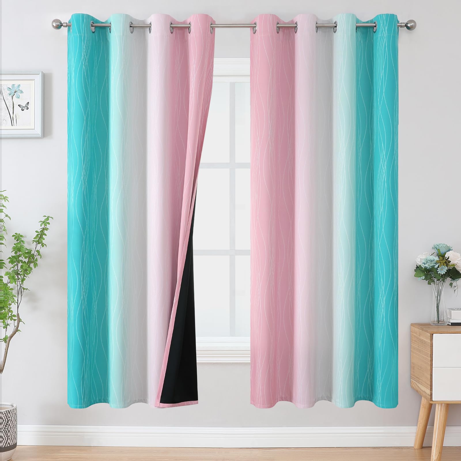 Estelar Textiler Pink and Teal Blackout Curtains for Living Room, Full Room Darkening Grommet Ombre Curtains for Bedroom, Thermal Insulated Light Blocking Gradient Drapes, 52Wx72L, 2 Panels