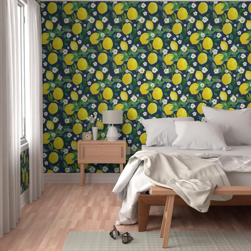 Peel & Stick Wallpaper 3ft x 2ft - Lemon Dark Blue Back Flowers Floral Spring Summer Garden Kitchen Custom Removable Wallpaper by Spoonflower