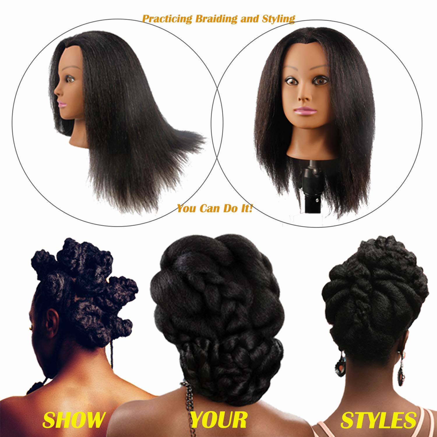 Kalyx African Mannequin Head Real Hair for Cosmetology Manikin Maniquins Hairdresser Practice Training Head Doll Head and Table Clamp Stand(B12)