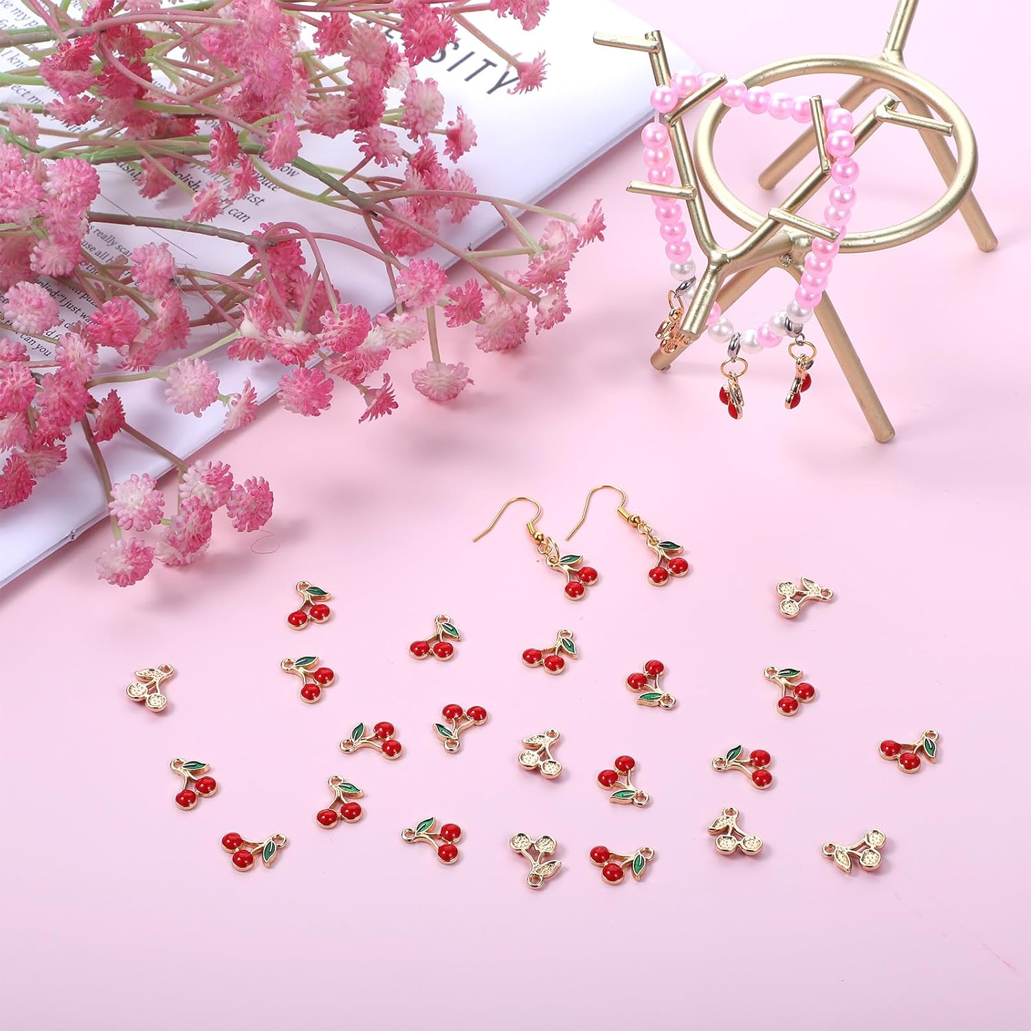 60 PCS Cherry Charms Red Enamel Fruit Charms Bulk Red Cherry Pendants Golden Metal Alloy Fruits Food Cherries Cherrys Charm for Jewelry Making Bracelet Necklace Earrings, DIY Crafts - Image 5