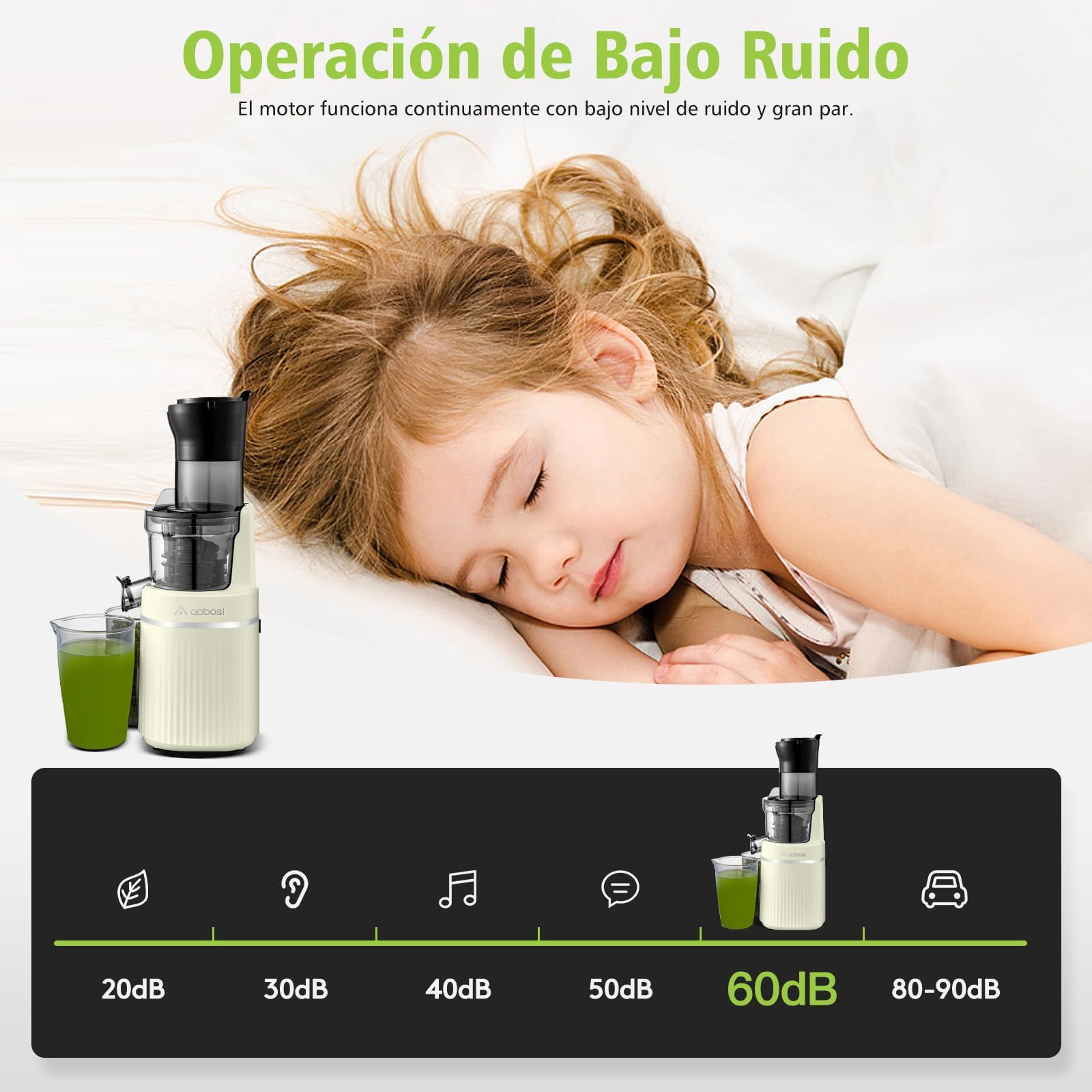 Aobosi Licuadora para verduras y frutas con Apertura da 80 MM, Licuadora prensado en frio con Función marcha atrás/Motor silencioso/Libre de BPA/Verde