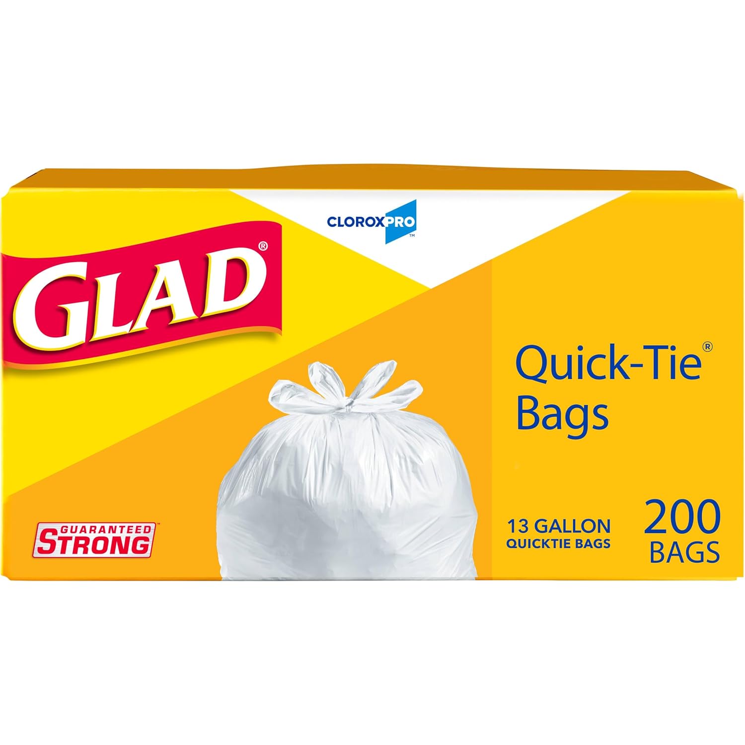 Glad CloroxPro Quick-Tie Tall Kitchen Trash Bags, 13 Gallon, 200 Count, Package May Vary