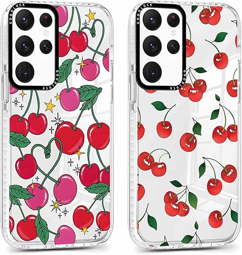 RUMDEY 2 Pack Cute Cherry for Samsung Galaxy S22 Ultra 5G 6.8" Phone Case, Trans