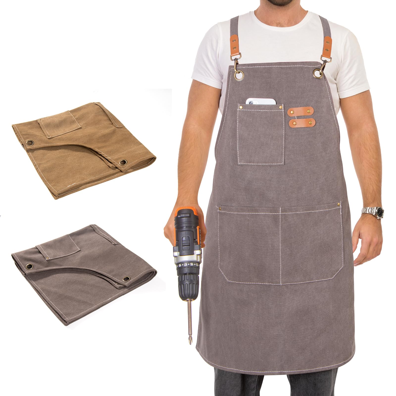 Grembiule da Lavoro Resistente con Tasche Multiple, Regolabile, per Carpenteria, Giardinaggio, Meccanica (Grigio Scuro)