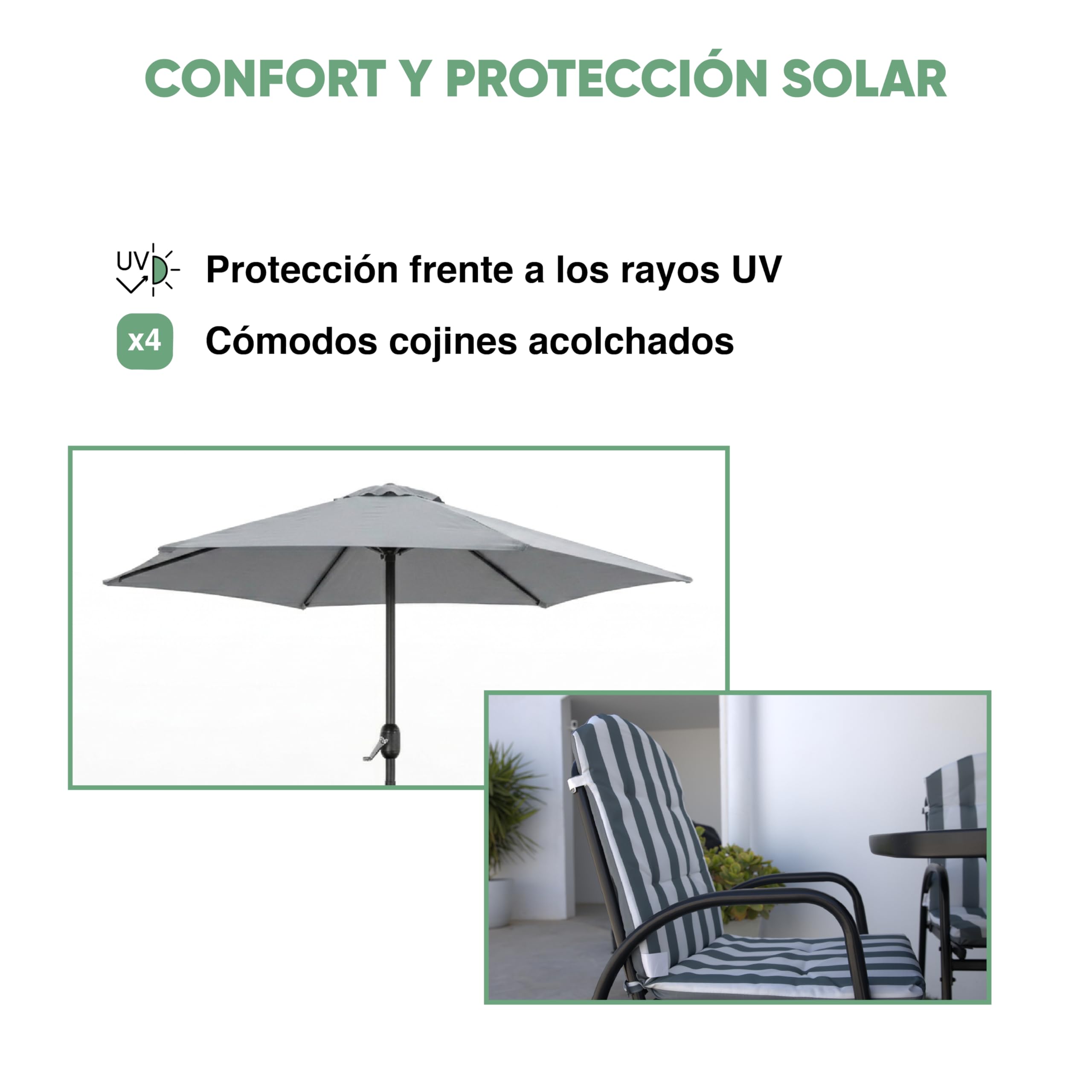 KG KITGARDEN Conjunto Balcón/Terraza, 1 mesa centro, 4 sillones y 1 parasol, Gris, Set Dakota