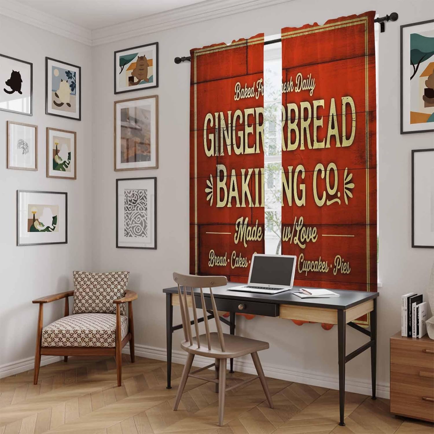Christmas Winter Window Curtains 72 Inch Long 2 Panel Set, Rod Pocket Long Curtains & Drapes, Ginger Bread Retro Red Wooden Grain Light Filtering Window Treatment for Bedroom Living Room 52"W x 72"L