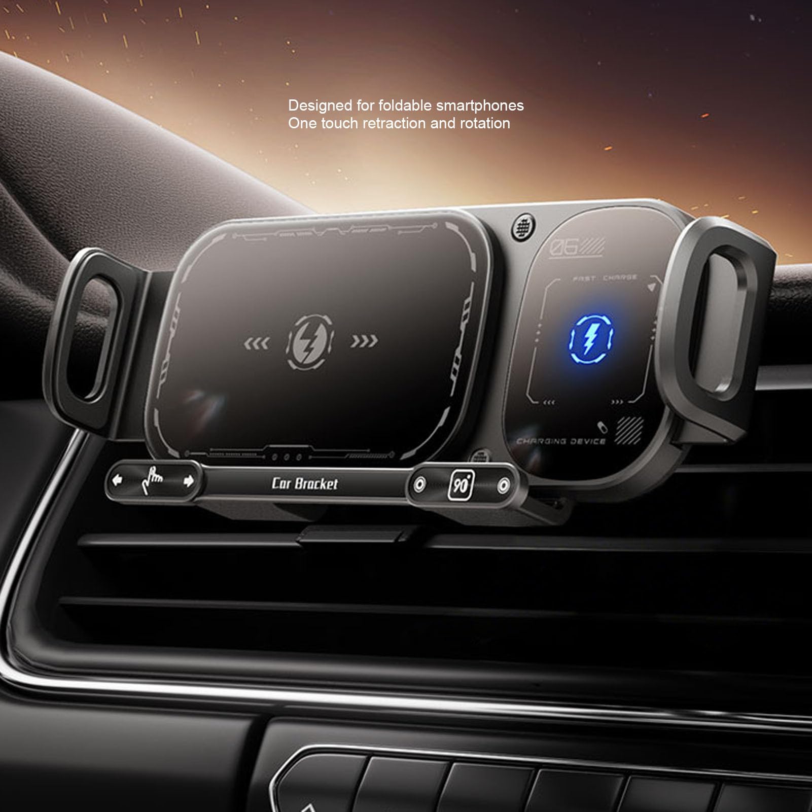 Caricabatterie per Auto Wireless, Supporto per Ricarica Rapida Supporto per Telefono con Bloccaggio Automatico con Sensore Intelligente Rotazione di 90 Gradi per Smartphone con