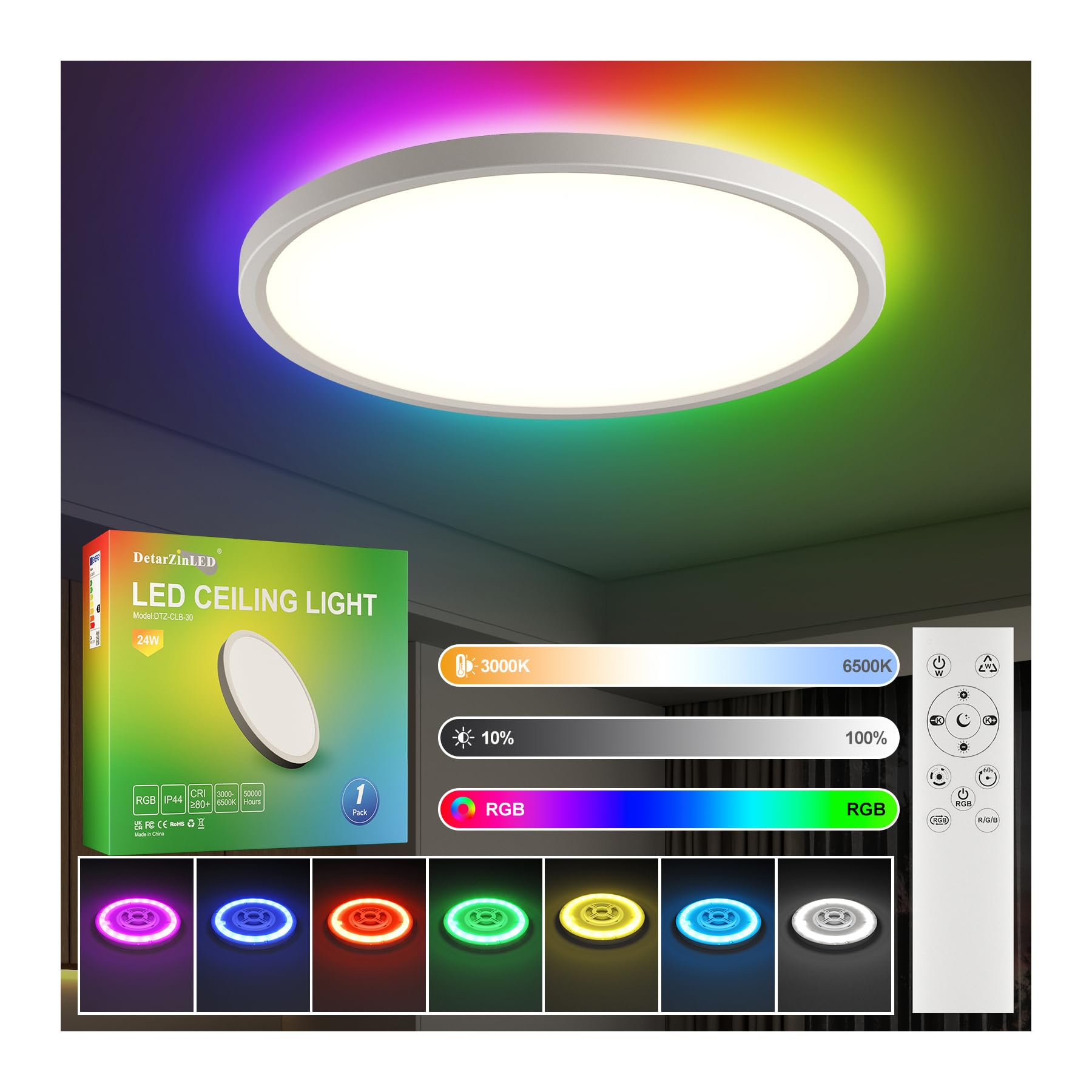 DetarZinLED Ø30CM Plafon LED Techo RGB 24W,Regulable Lámpara de Techo con Mando a Distancia,2700LM 3000K-6500K lampara techo dormitorio,Para Salón Cocina Baño,IP44 Impermeable
