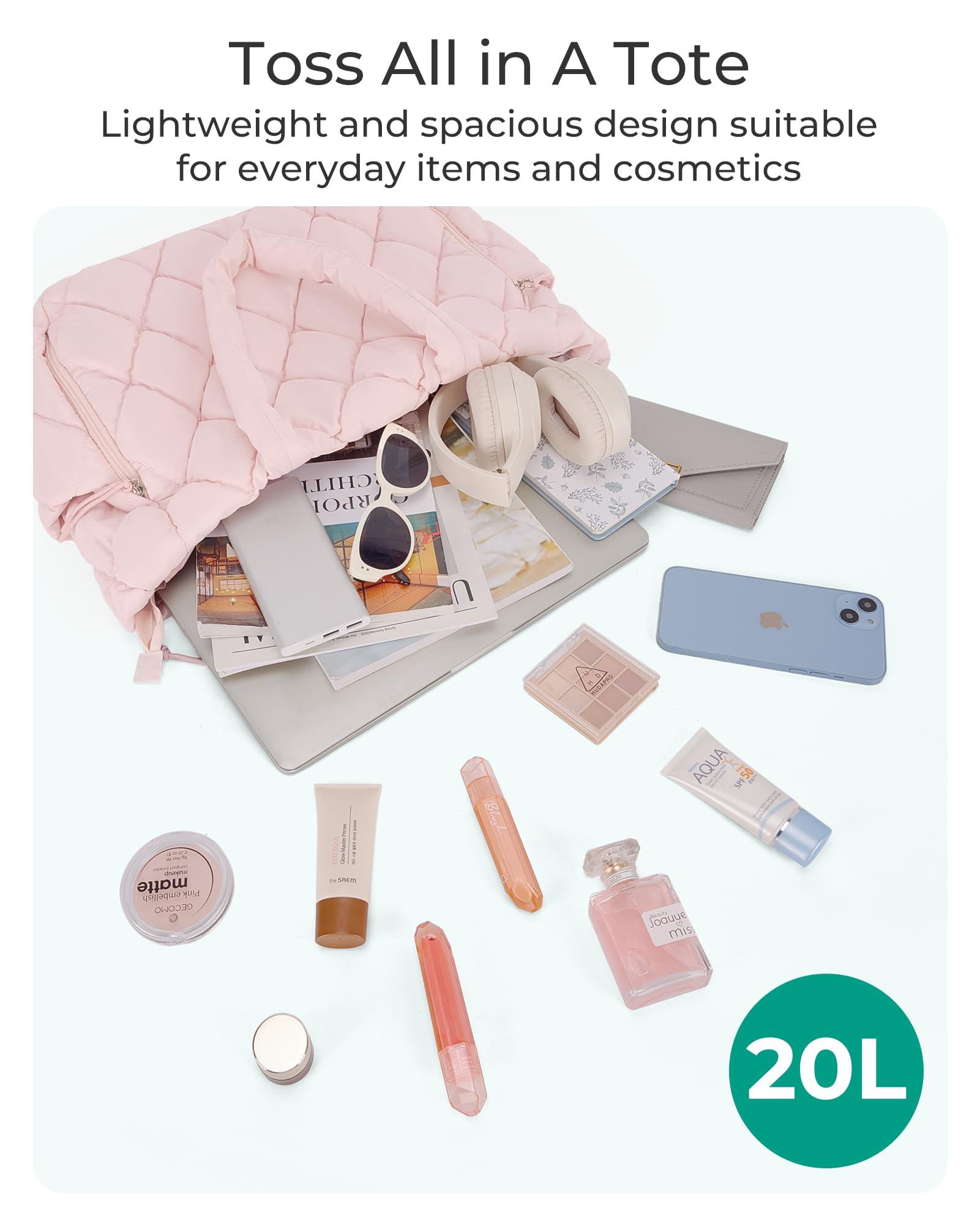 BAGSMART Tote Bag for Women, Quilted Puffer Tote Bag with Compartments, Shoulder Handbag Work Bag with Zipper for Travel