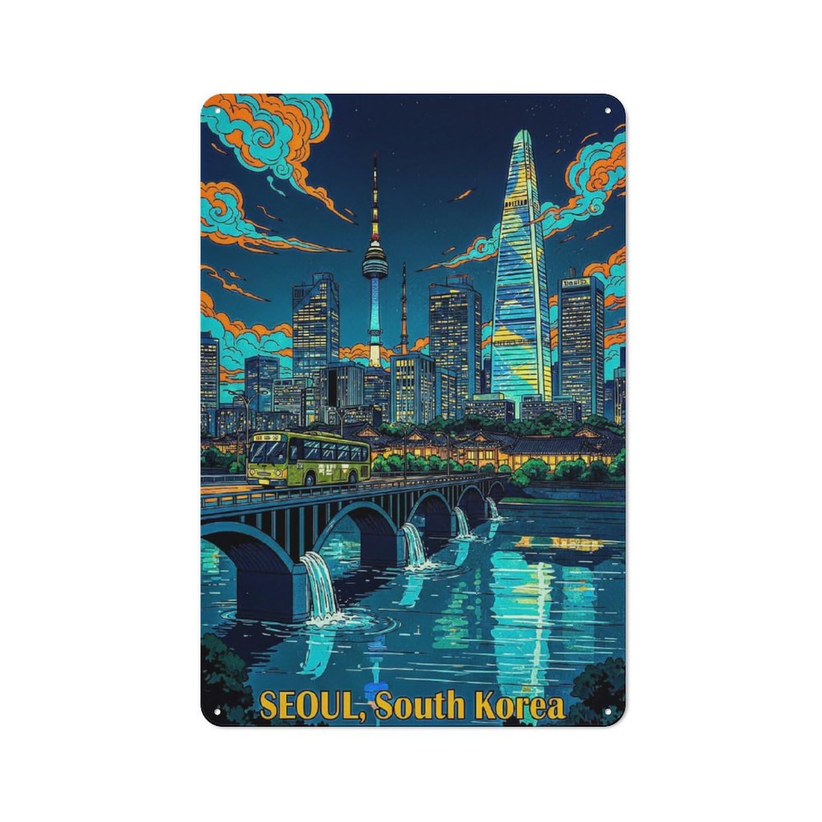 Junmoney Style-13 Retro-Style Tin Sign 30X20cm Featuring Seoul Cityscape At Night(3) For Hallway Wall, For Garage, Workshop And Man Cave Decoration